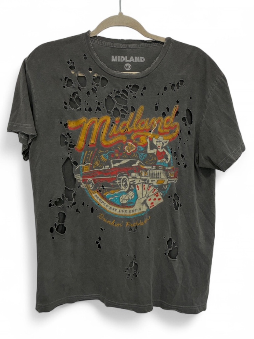 Midland Western Poker Graphic Distressed Short Sleeve Tee with Vintage Car Print